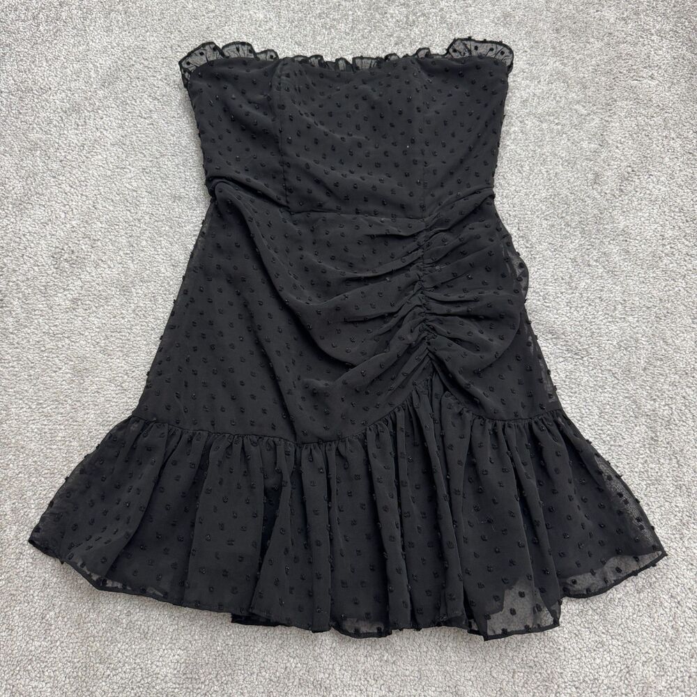 Hello Molly Strapless Swiss Dot Mini Dress Womens 4 Black Ruffle Hem Ruched LBD